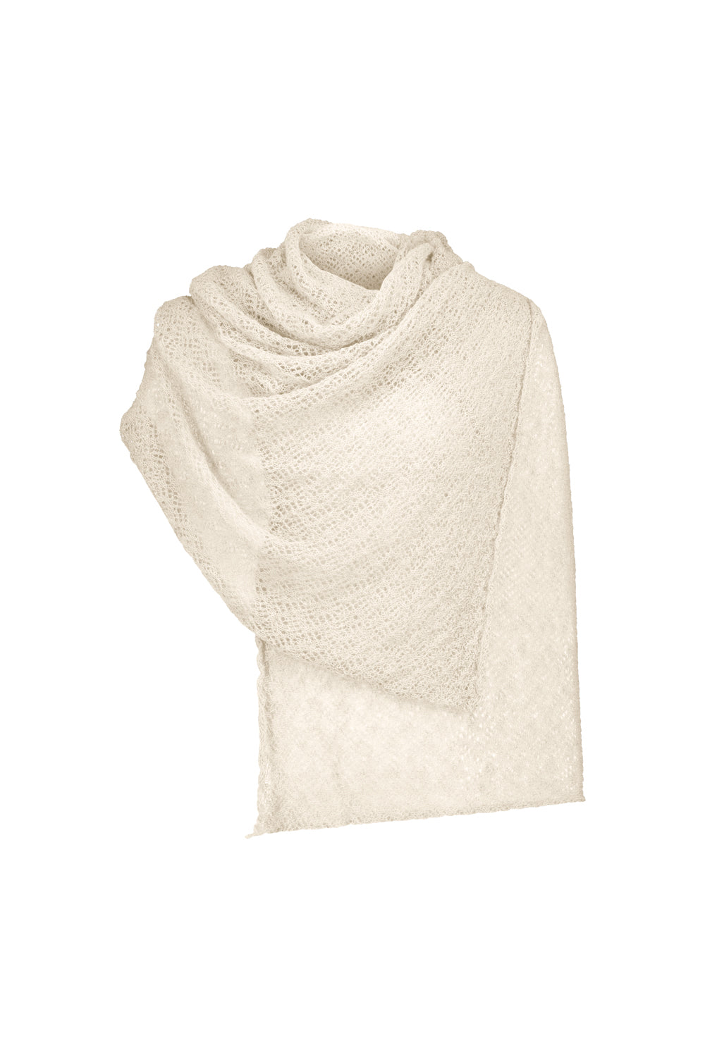 An off-white, textured knit scarf draped in a loose, layered style against a solid white background.