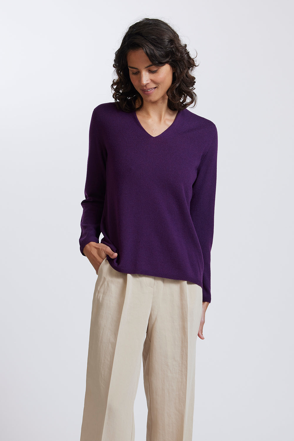 Classic High V Sweater in Plum by Royal Merino