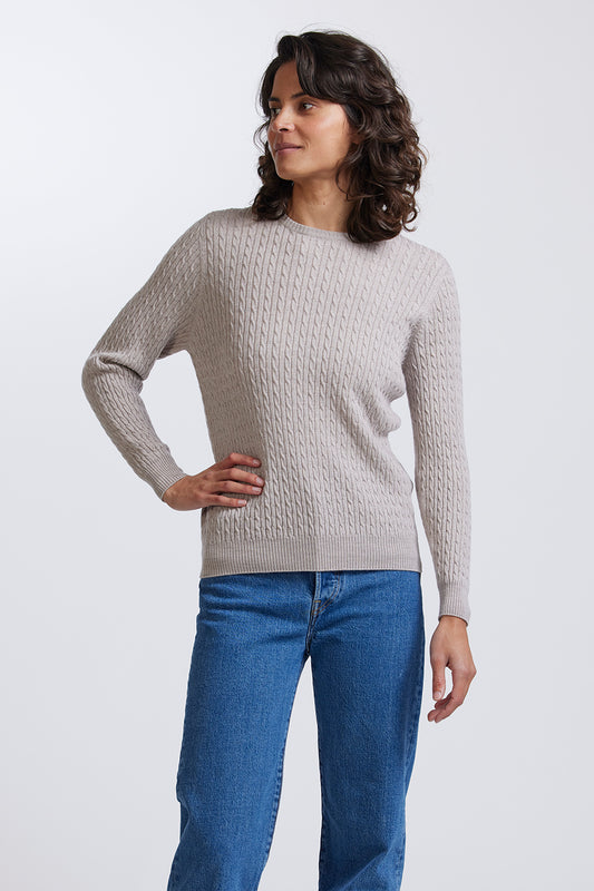 Rib and Cable Crew in Light Sand by Royal Merino