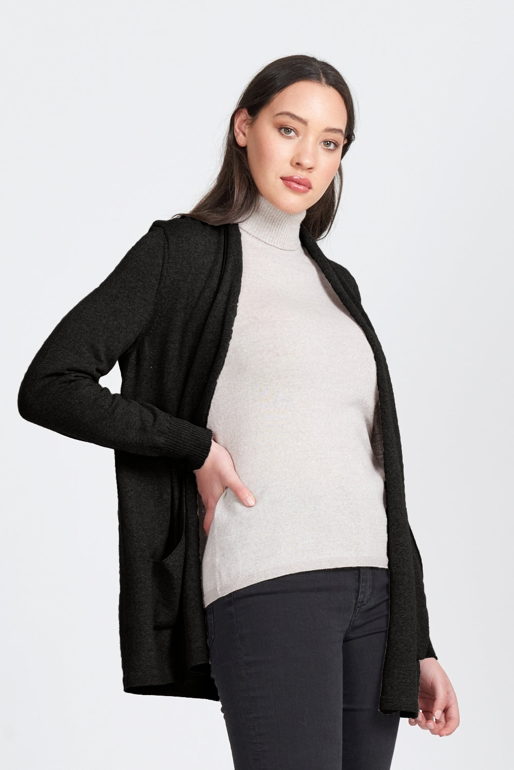 Open Front Long Cardigan in Black by Royal Merino