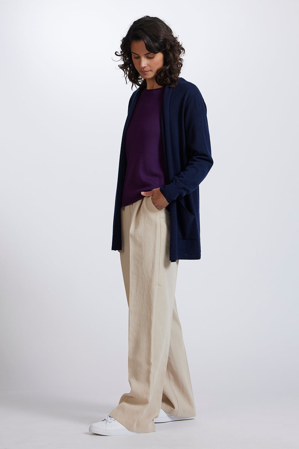 Open Front Long Cardigan in Light Navy by Royal Merino