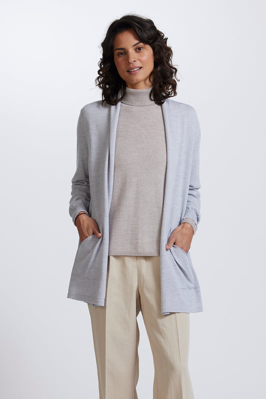 Open Front Long Cardigan in Silver by Royal Merino