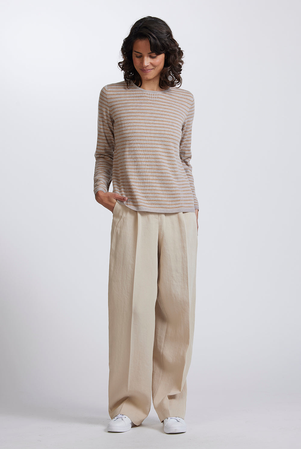 Tuck Stitch Stripe Jumper in Light Sand Nougat by Royal Merino