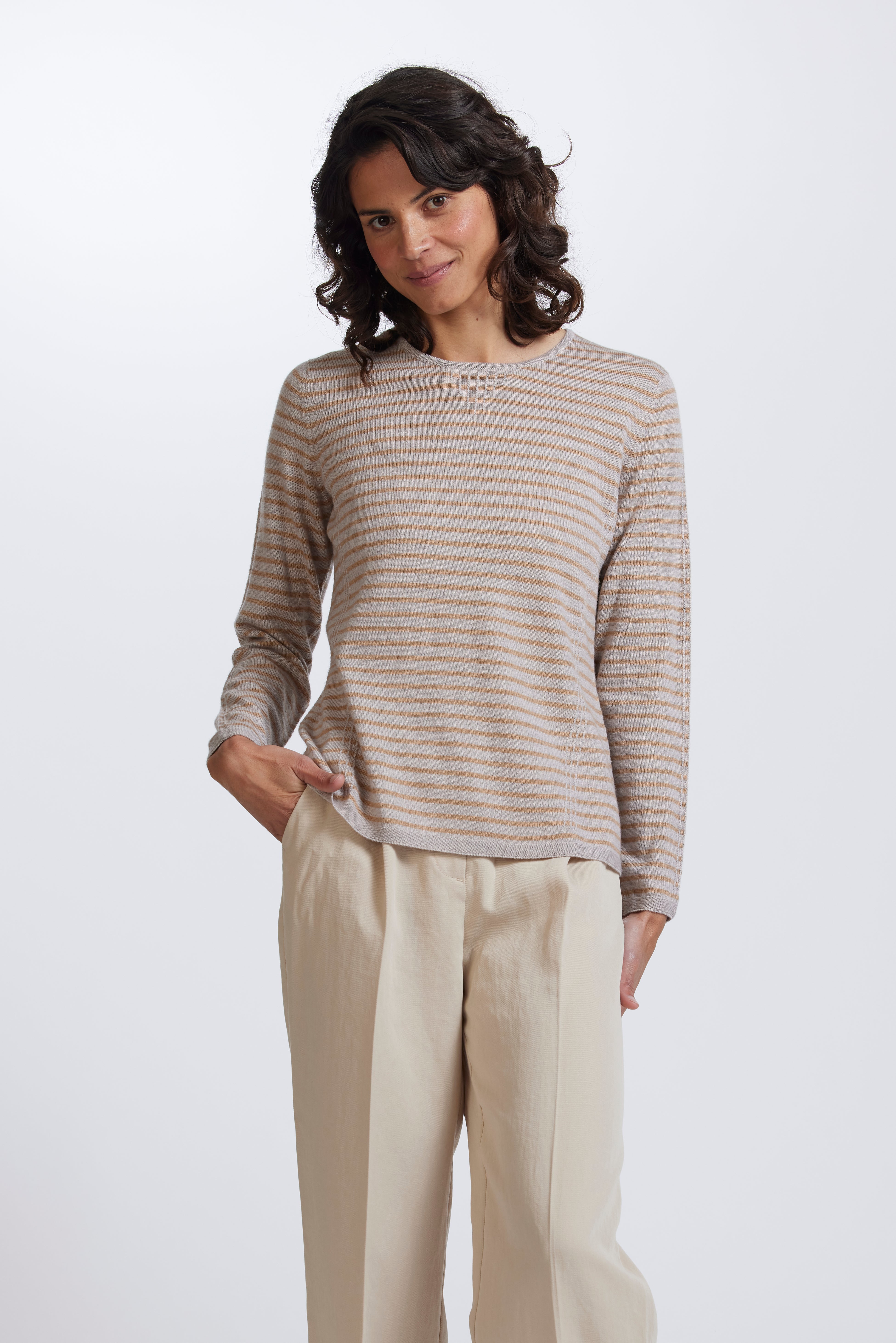 Tuck Stitch Stripe Jumper in Light Sand Nougat by Royal Merino