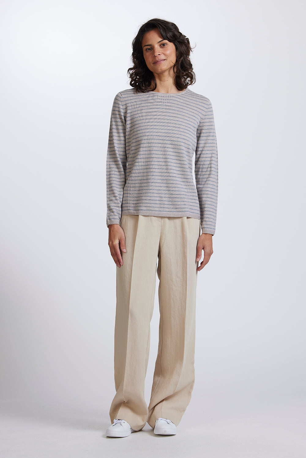 Tuck Stitch Stripe Jumper in Light Sand Pewter by Royal Merino