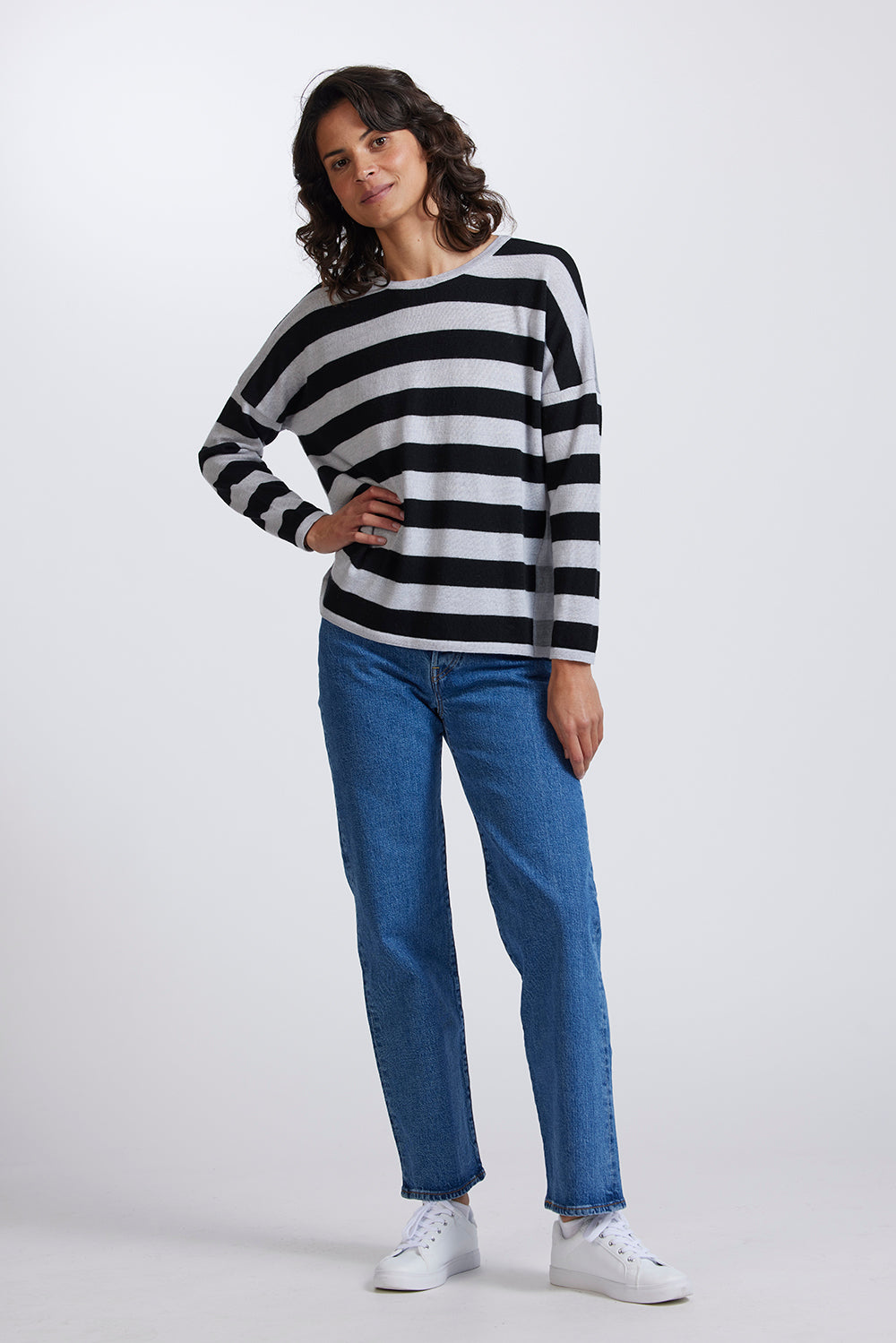 Striped Drop Shoulder Jumper in Greys by Royal Merino