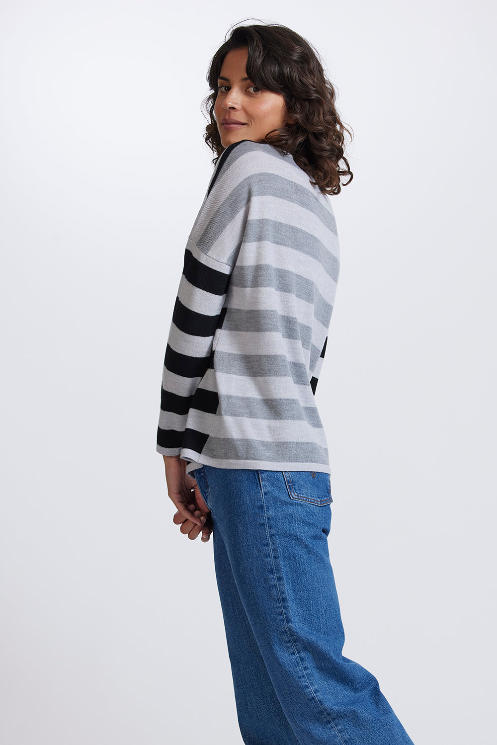 Striped Drop Shoulder Jumper in Greys by Royal Merino