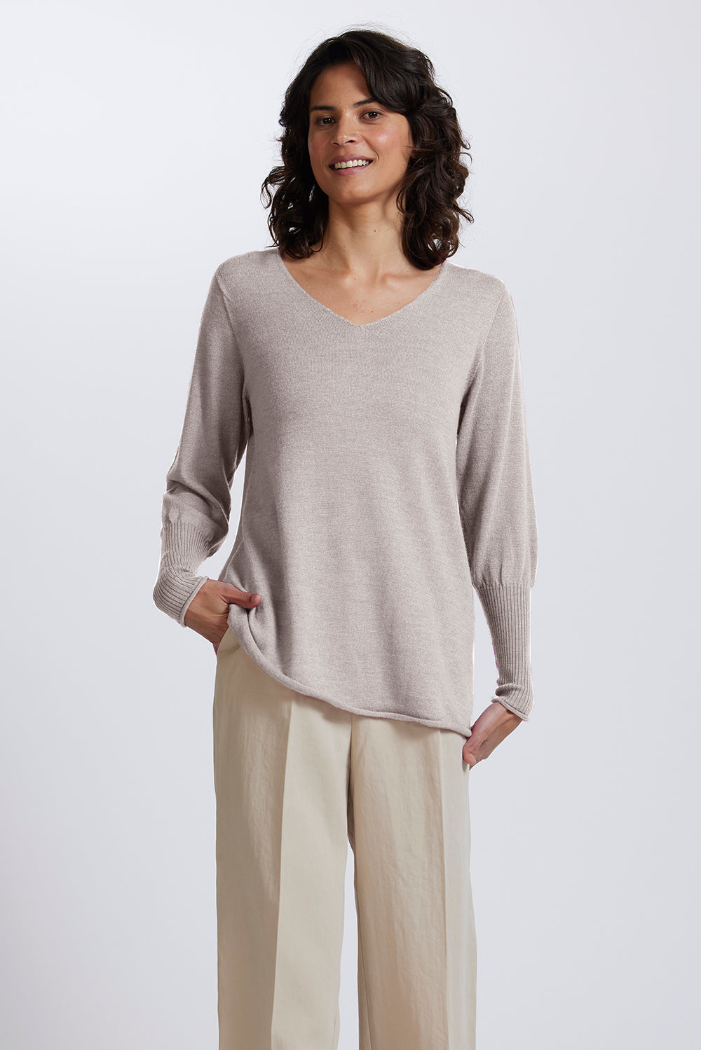 A-Line V Neck Sweater in Light Sand by Royal Merino