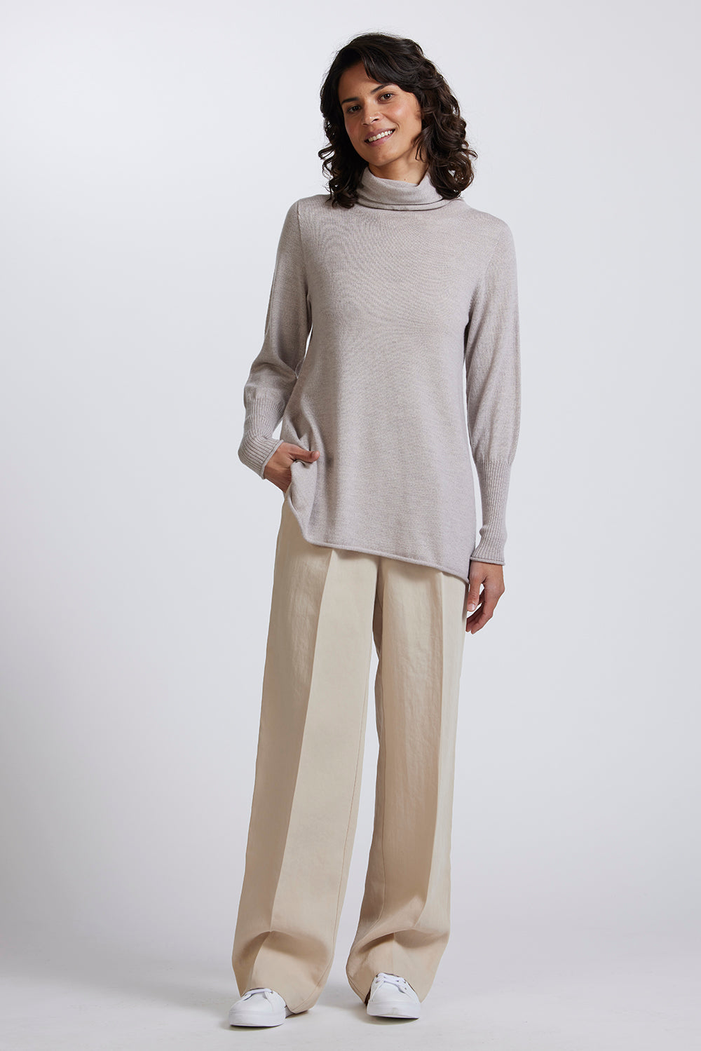 A-Line Funnel Neck Sweater in Light Sand by Royal Merino