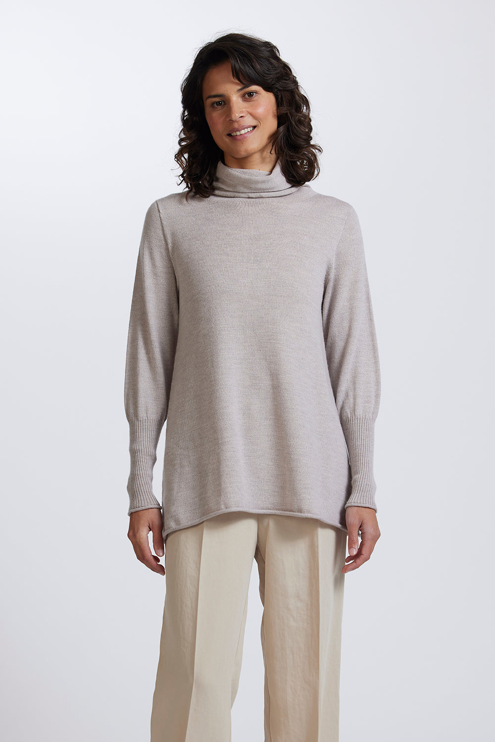 A-Line Funnel Neck Sweater in Light Sand by Royal Merino