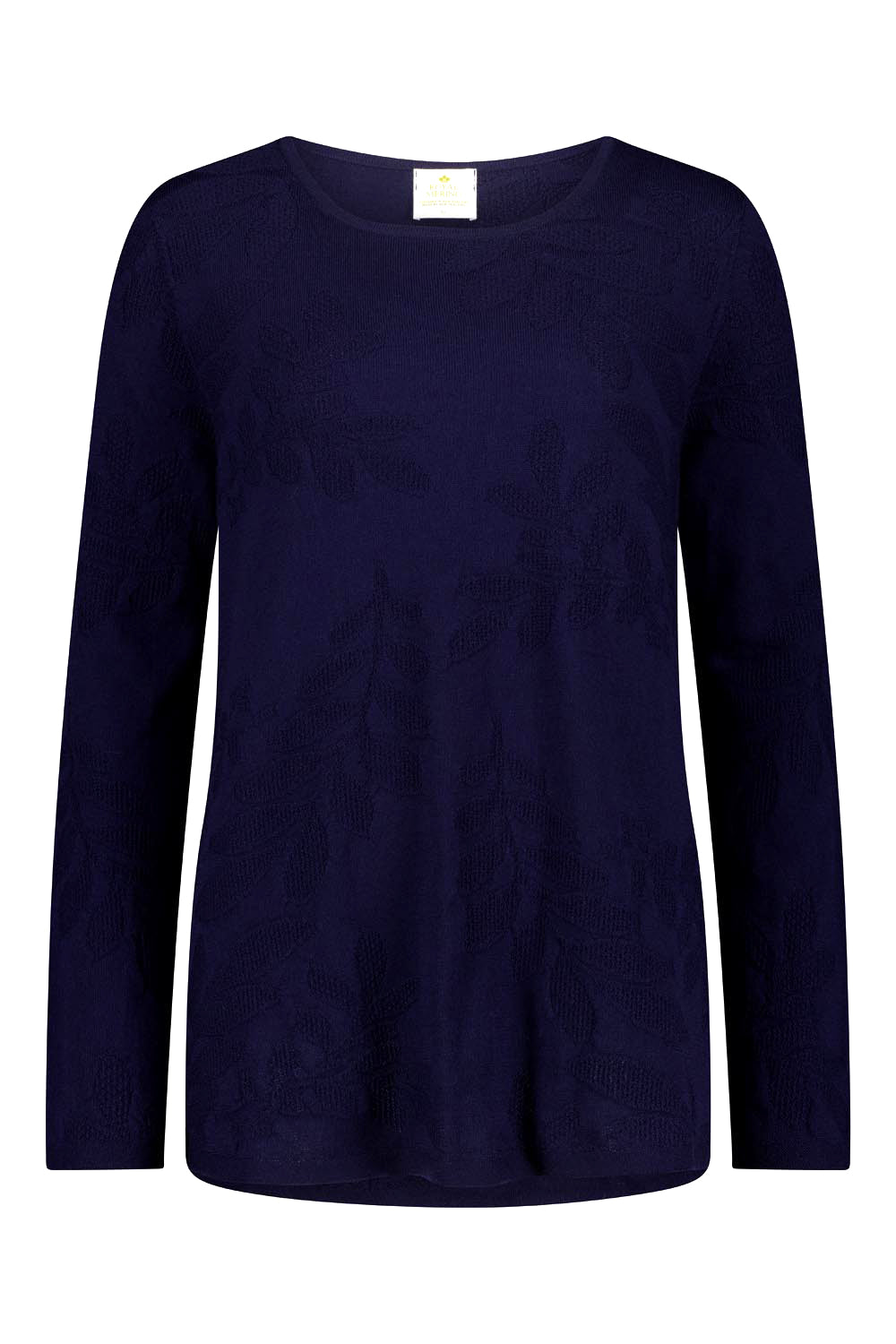 Navy sweater with floral patterns against a white background