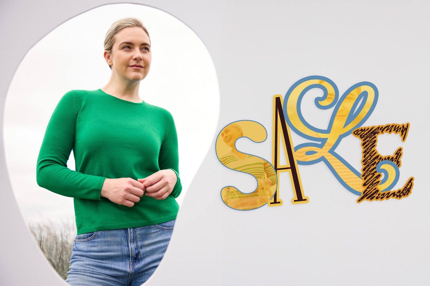 Woman wearing a green sweater with a decorative 'SALE' text overlay on a light gray background